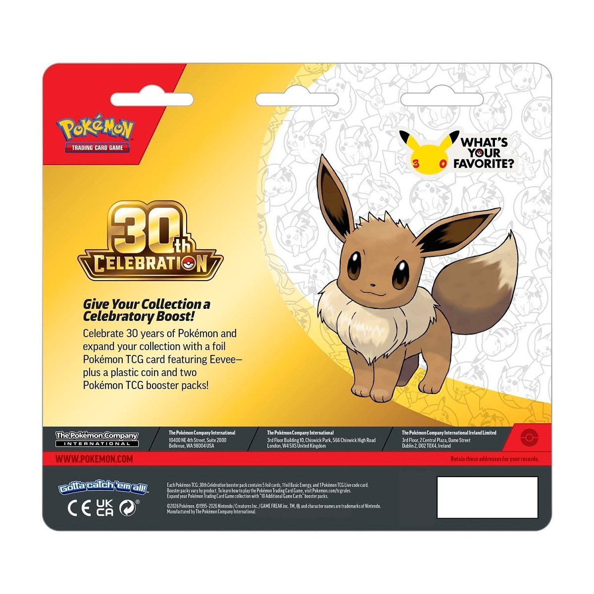 Pokémon TCG: 30th Celebration Eevee Card with 2 Booster Packs & Coin -Pre-Order